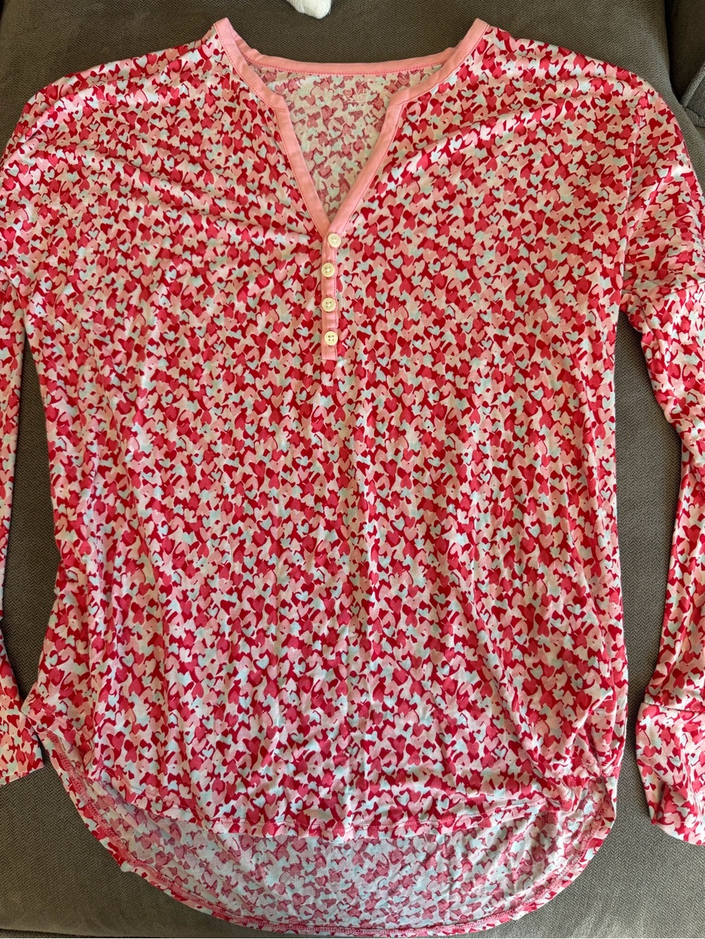 GAP Pink and White Heart-Print Long Sleeve Henley